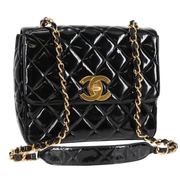 CHANEL Matelasse Chain Shoulder Bag Patent leather Black Gold CC - Picture 1 of 15